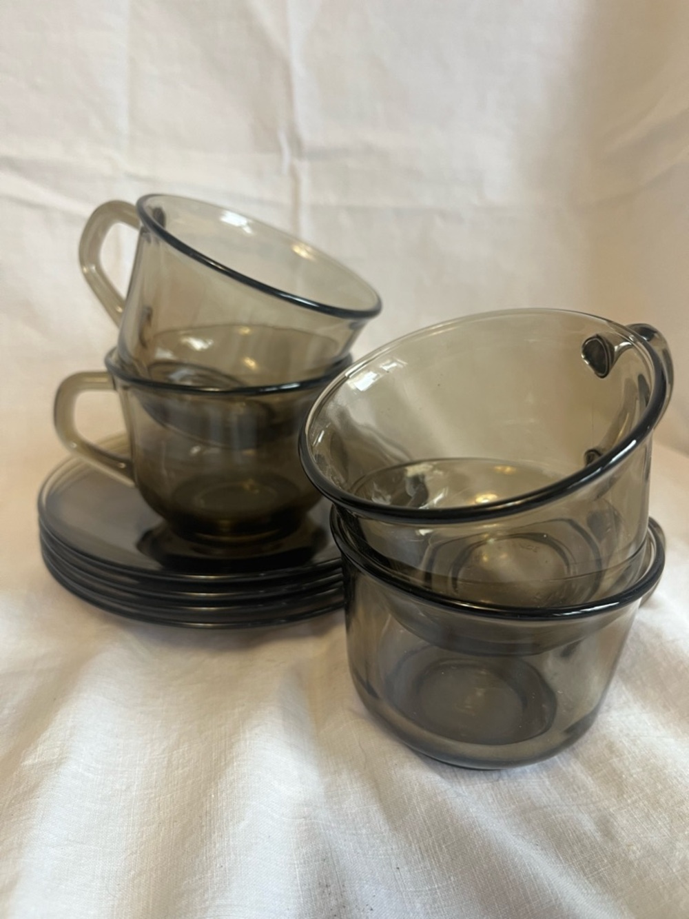 Vintage Arcoroc Smoky Glass Tea Cups and Saucers Set - 8 Pieces